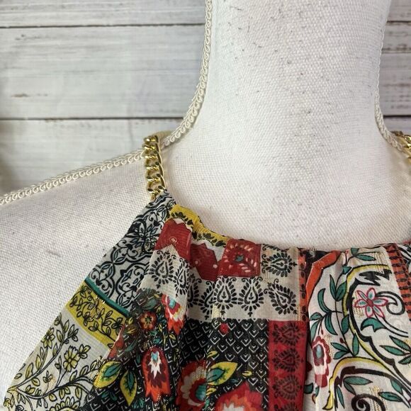 Tahari Dress size Small Orange Blue Gold Floral Paisley Boho Sheer Trapeze Boho - Picture 10 of 16